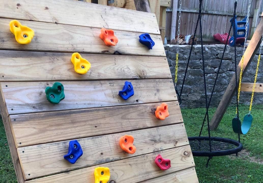 25 Pcs Colourful Pig Nose Shape Rock Climbing Holds with Blue & Green Auxiliary Handles, Indoor Outdoor Playground Wooden Play Set Build Exercise Toy Accessory - Mounting Hardware Kit Included