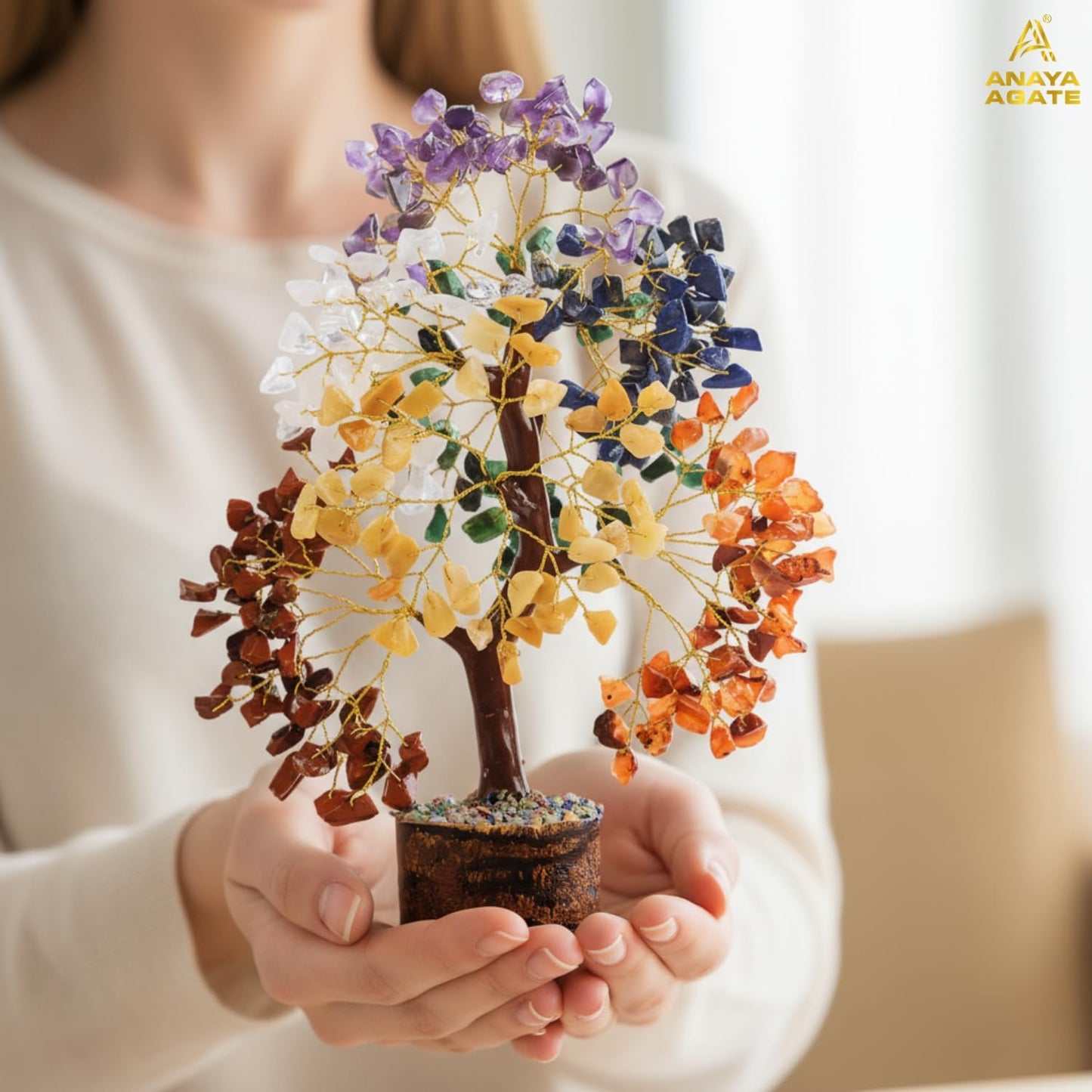 ANAYA AGATE 7 Chakra Healing Crystal Tree of Life Kit, Bracelet, Pendant, Necklace, Feng Shui Money Bonsai Tree, Positive Energy for Women, Mom, Sister and Housewarming Decoration