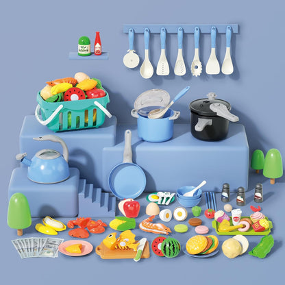 130Pcs Kitchen Playset, Toddler Pretend Cooking Play Pots, Pans, Utensils Cookware, Daily Food Fruit Veges, Shopping Storage Basket, Dessert, Prop Money, Learning Gift for Child (Pink)