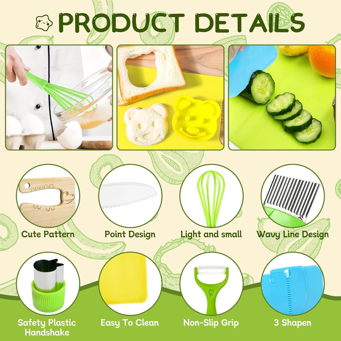 Chanking 13 Pieces Kids Safe Knife Set for Real Cooking Child-Friendly Plastic Chef Tools Montessori Kitchen Toys for Toddlers Birthday Gifts for Boys and Girls Ages 4+ (A)