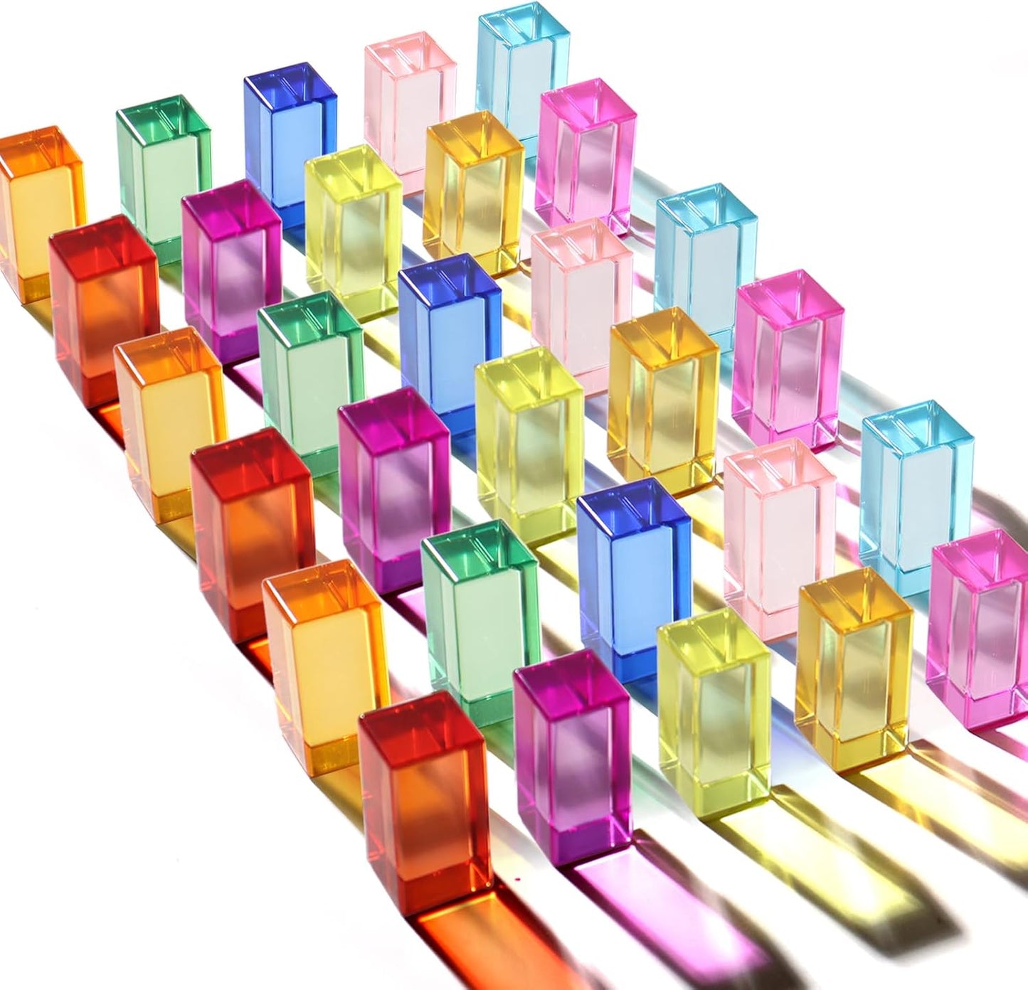 30 Pcs Mixed Acrylic Blocks Set - 10 Long (2.5x2.5x5CM) + 20 Cube (2.5x2.5x2.5CM) Rainbow Gem Blocks, Sensory Stacking Toy for 1 2 3 4 Years Old, Boys Girls Gift with Rich Building Possibilities