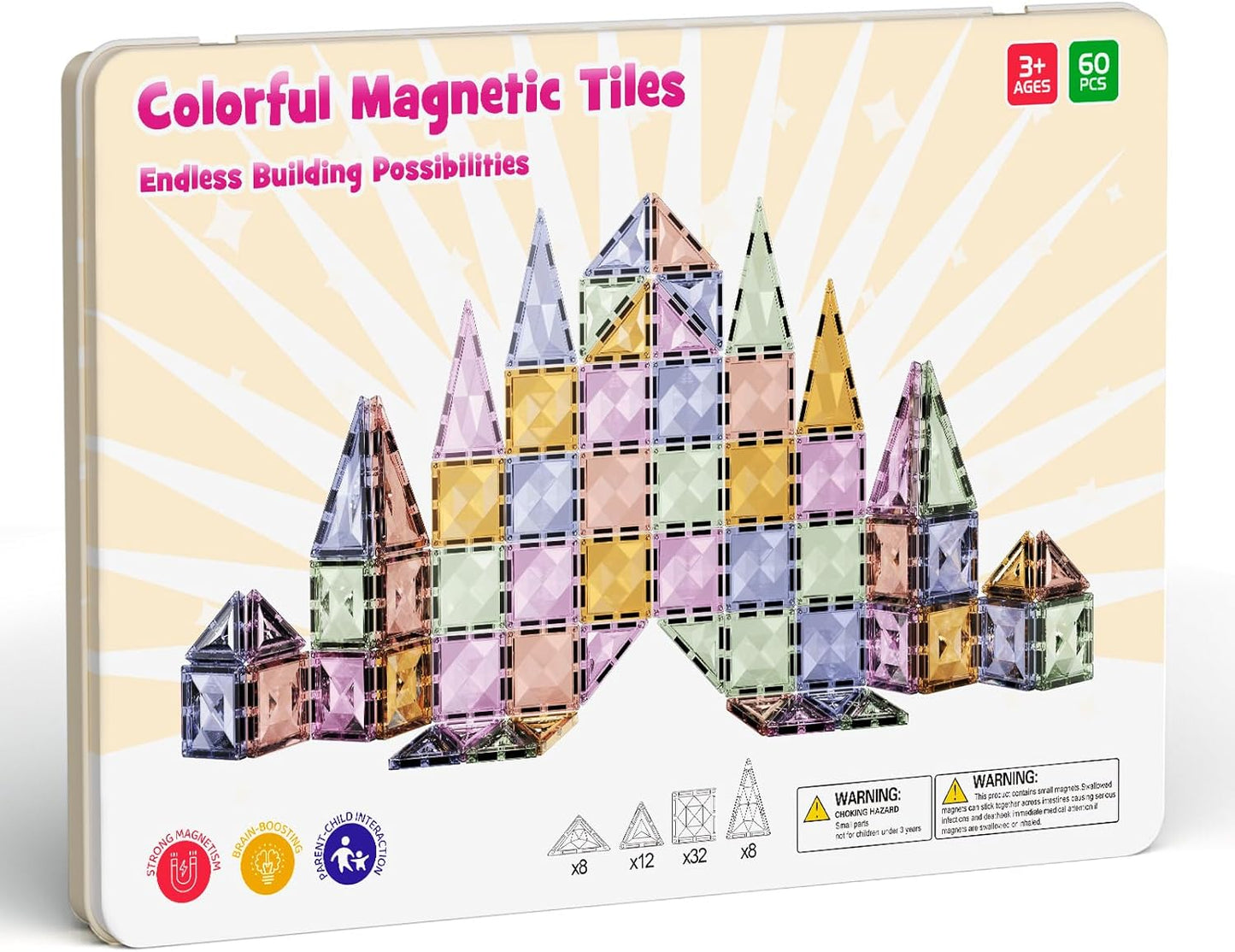 Magnetic Tiles for Kids Ages 4-8, Magnetic Blocks Travel Set with Diamond Surface & Metal Storage Box, 60PCS STEM Learning Toys, Educational Building Gifts for 3-8 Year Olds