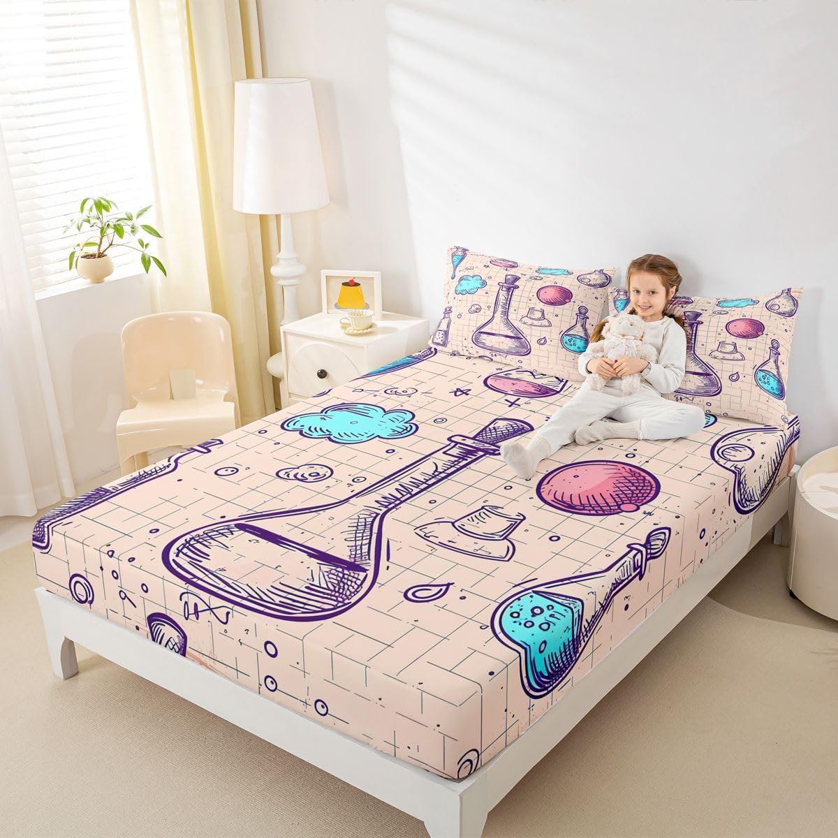 Erosebridal Chemistry Lab Fitted Sheet Twin Size Chemical Equation Bed Sheets for Boys Girls Chemical Elements Science Theme Bed Set Teens Kids Science Students Bedding Set School Dorm Room Decor