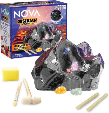 Gem Dig Kit for Kids Ages 4+ - NOVA Obsidian Excavation Lab by MindWare, 13 Real Gems + Bonus Mini-Dig + Dig Journal, Geology Science Kit with Rock & Mineral Tools
