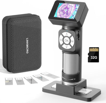 LM112 Microscope for Kids Adults Handheld with 2" Screen, 500X Portable Microscope Kit with Case, USB Magnifier with 8 LED Light, 5pcs Biological Slides, 32G