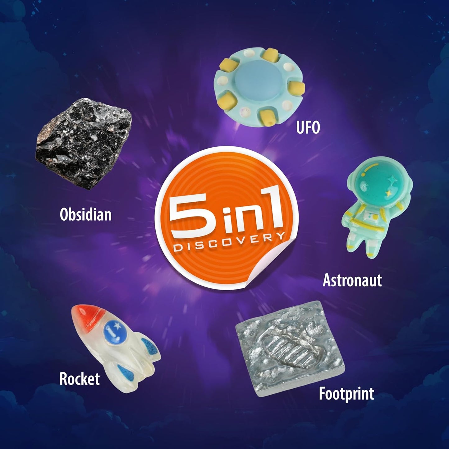 Mystery Space Dig Kit for Kids - 5-in-1 Solar System Excavation Toy with 5 Cosmic Treasures (Obsidian, Astronaut, Rocket, UFO, Footprint) - STEM Science Educational Gift for Boys & Girls