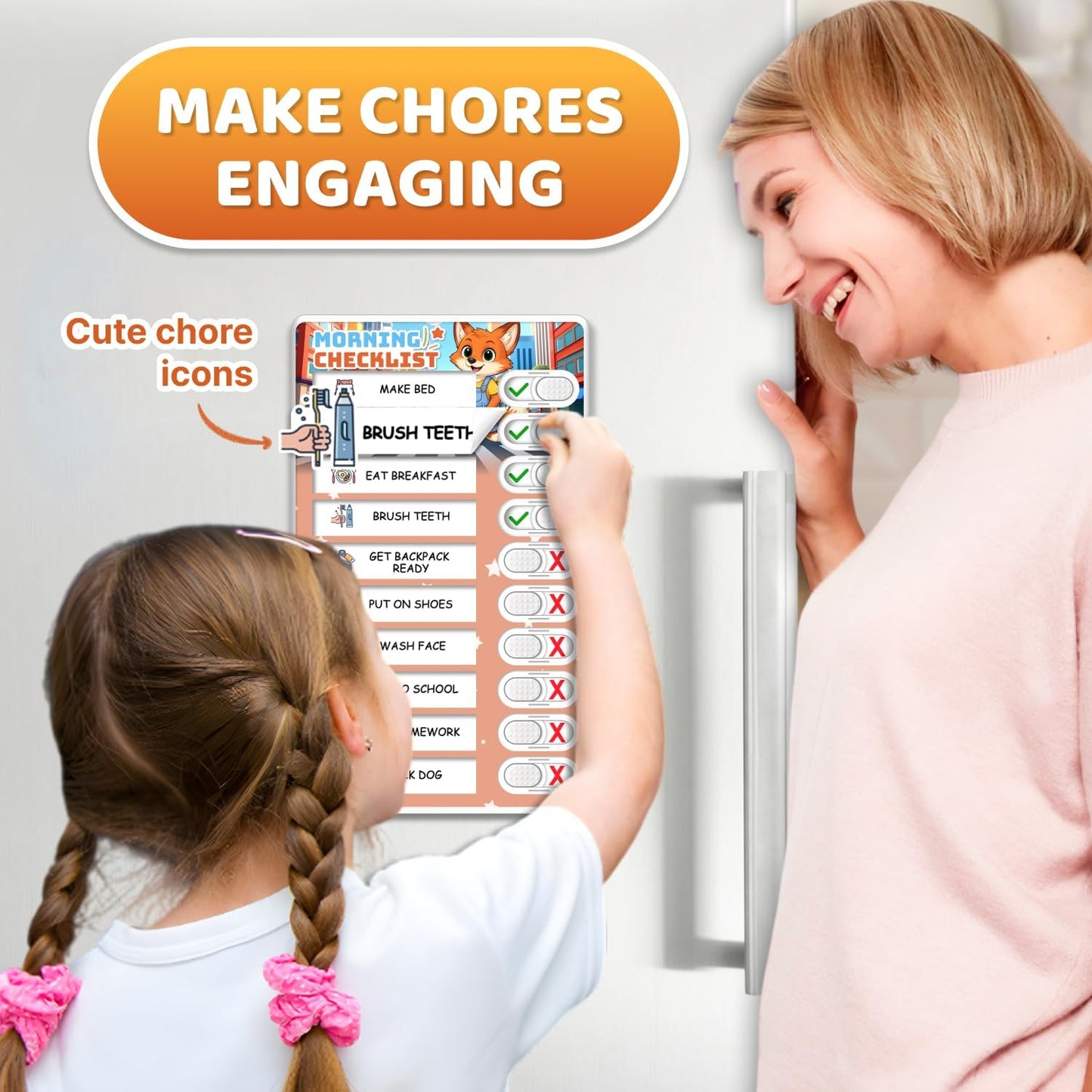 Dry Erase Kids Chore Chart for 2 Kids Pink and Blue - Magnetic Routine Chart with Slider Cute Design Stickers, Morning Bedtime Routine Chart for Toddlers Visual Schedule for Kid