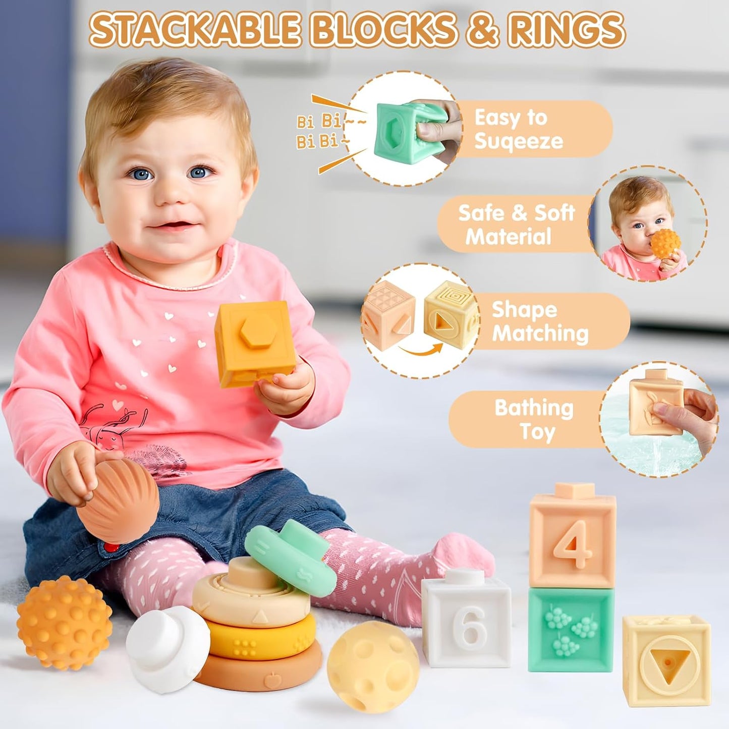 Wuzhineisn Baby Toys 6-12 Months Montessori Toys 6 in 1 Musical Instruments for Toddler, Stacking Blocks Development Learning Educational Toy with Wooden Xylophone Infant Baby Birthday Easter Gift