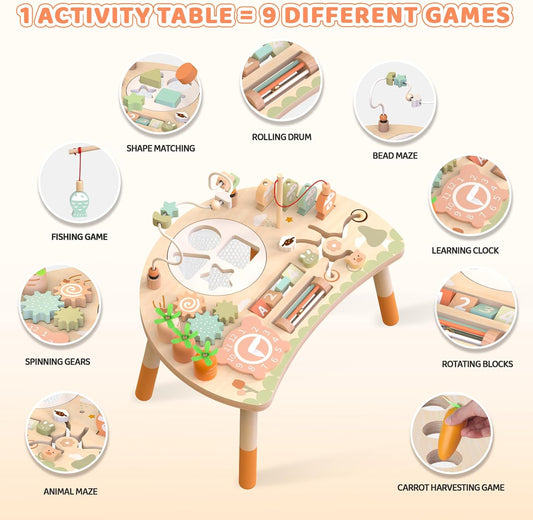 Wooden Activity Table for Toddlers 1-3, 9 in 1 Montessori Sensory Table with Bead Maze Shape Sorter Fishing Game, Baby Activity Center Learning Toys for 1 2 3 Year Old Boys Girls