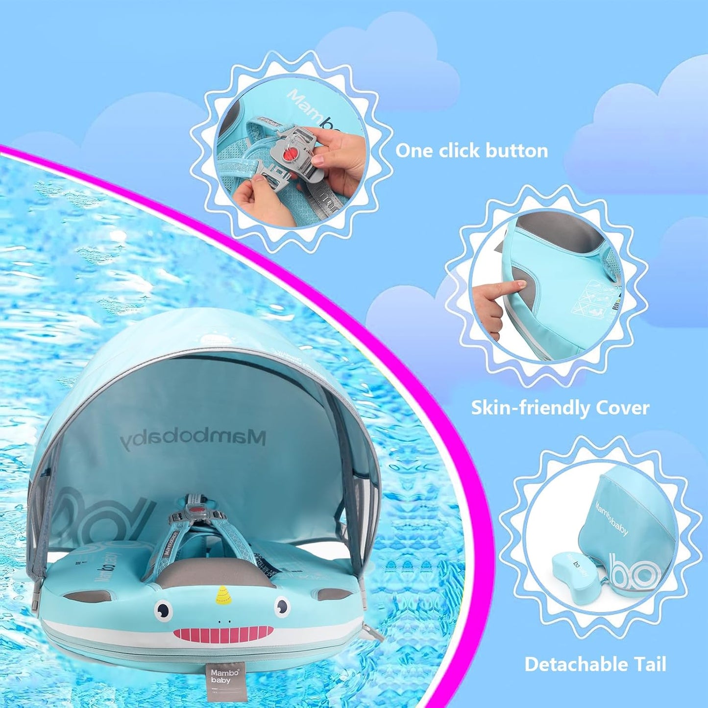 Baby Pool Float with UPF50+ 3D Adjustable Canopy, Add Tail Mambobaby Float Non Inflatable Infant Floats for Pool, Cartoon Narwhal Baby Floats (NPink with Canopy-U05NPCTLUROHML01U05)