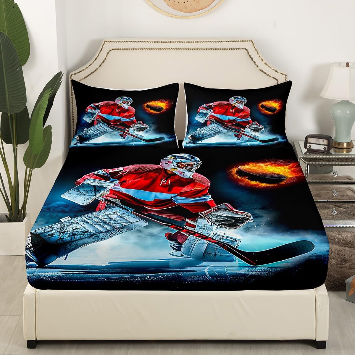 Manfei Musical Kids Fitted Sheet Full Size, MusicalGuitar Radio Drum Kit Headset Print Bedding Set 3pcs for Boys Girls, Rock Music Bed Cover with 2 Pillowcases, Soft Polyester Bedding, No Top Sheet