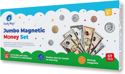 Simply magic 57 PCS Jumbo Magnetic Money - Large Play Money for Kids for Learning, Pretend Money for Classroom Teaching, Toy Money Class Money Set, Magnetic Coins, Money Games, Money Manipulatives