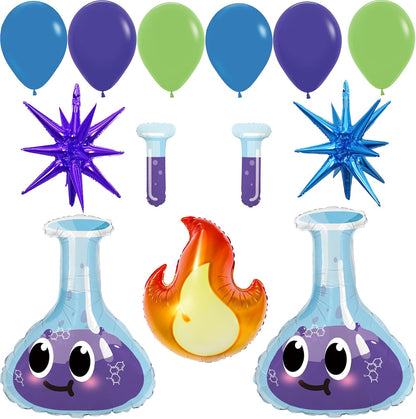 Science Experiment Party Decorations, Chemistry Lab Balloon Set with Beaker Flask Balloons, Fire/Explosion Star & Purple Blue Latex Balloons for Kids STEM Birthday, Mad Scientist Theme Party Supplies