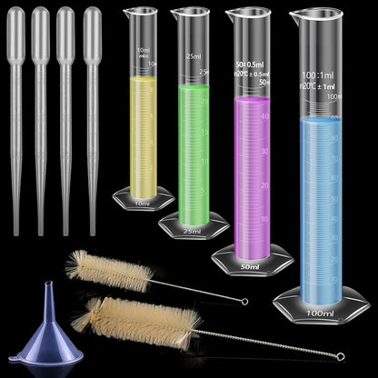 Plastic Graduated Cylinder and Beaker Set, 10ml 25ml 50ml 100ml Graduated Cylinders, 50ml 100ml 250ml 500ml 1000ml Plastic Science Beakers, Ideal for School and Kid Science Lab