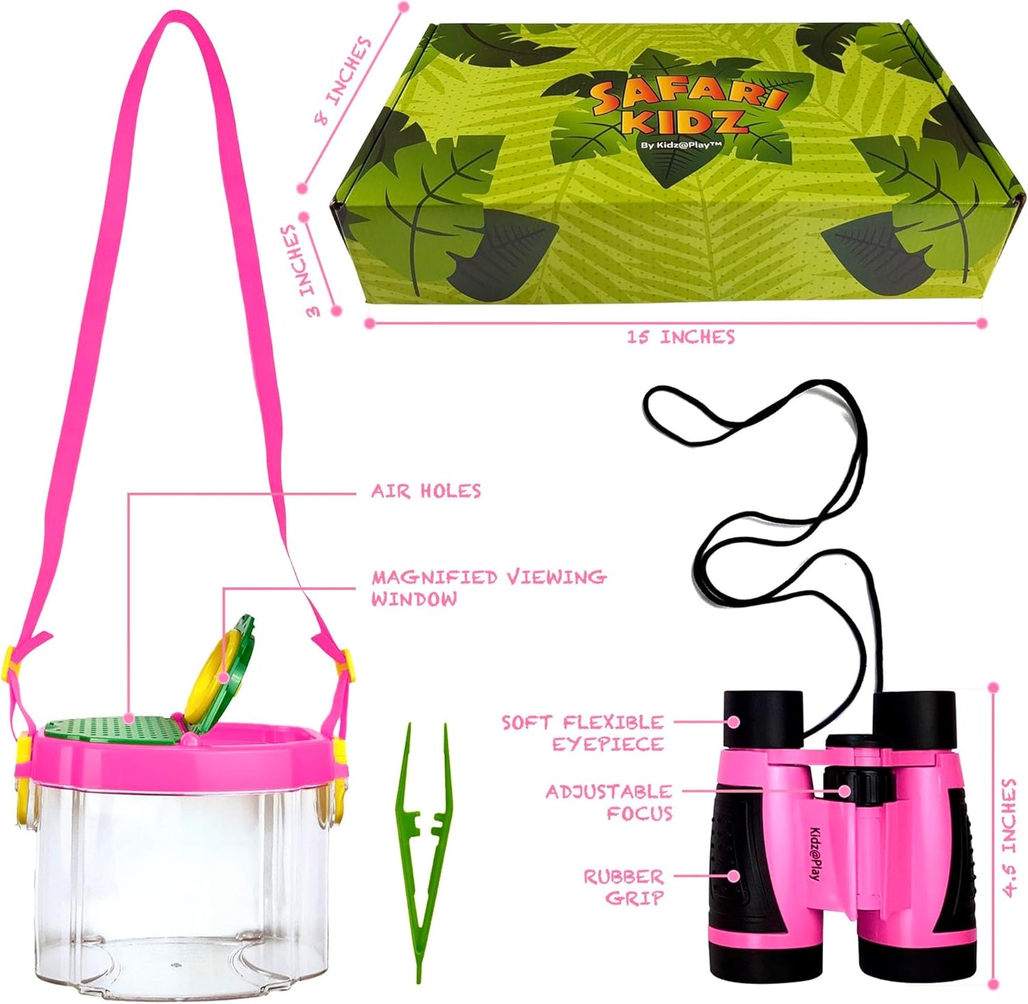 Kidz@Play Bug Hunting Kit, Vest, Hat, Binoculars, Lg. Net, Bug Container, Whistle, Flashlight, Magnifier, Thermostat, Compass, Tweezers