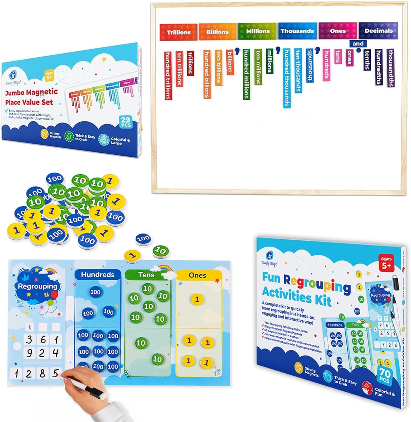 Simply Magic 70 PCS Magnetic Regrouping Activities Kit & 29 PCS Display Magnetic Place Value Set for Math