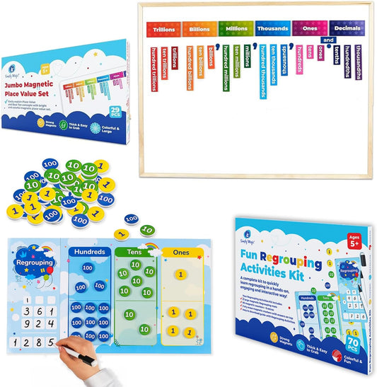 Simply Magic 70 PCS Magnetic Regrouping Activities Kit & 29 PCS Display Magnetic Place Value Set for Math