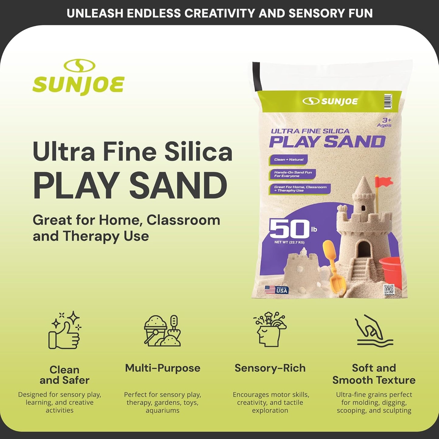 Sun Joe Silica Play Sand for Sandbox, Sensory Table & Gardens, Ultra Fine, 50 Lb Bag - Indoor & Outdoor Craft Accessory for Molding, Digging & Sculpting, PLYSAND50