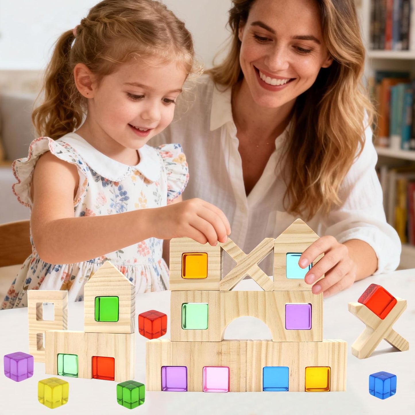 Wooden Building Blocks Set for Kids, 60 PCS Rainbow Acrylic Gem Cubes Stacking Blocks, Montessori Stacking Toy for Toddlers Educational Toy Early Learning Gifts for Boys Girls 3-6 (60)
