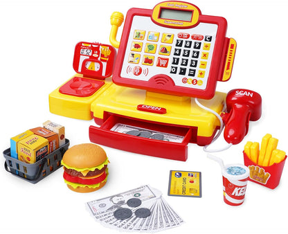 FS Pretend Play Cash Register Toy Preschool Gift for Kids, Classic Count Toy with Sound, Microphone, Scanner, Credit Card, Play Food for Boys & Girls, 57 Pieces Play Set, Ages 3 4 5 6 7, Purple