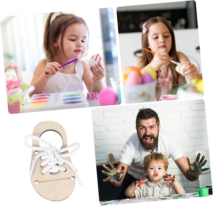 Veemoon 5sets DIY Practice Shoe Lacing Wood Chips Craft Toys for Boys and Girls Unfinished Wood Pendant Ornament Craft Decoration Funny Puzzle