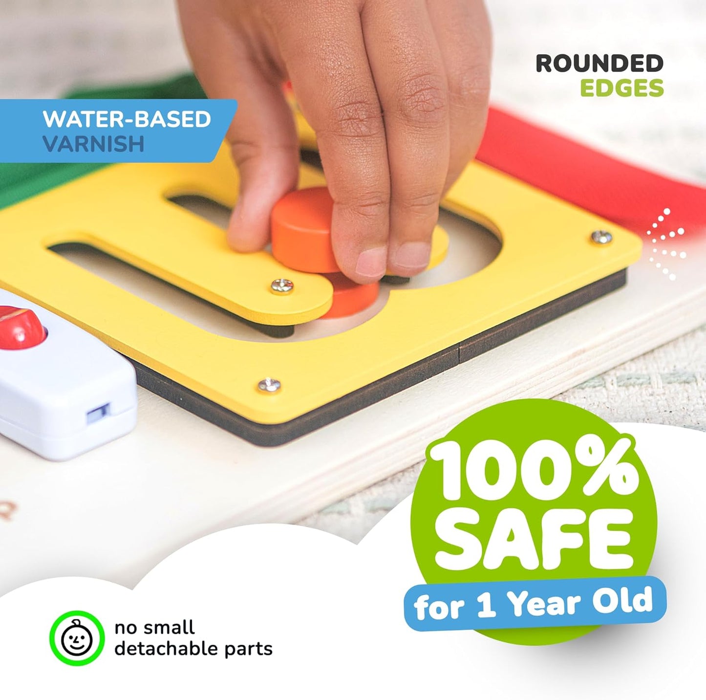 deMoca Toddler Busy Board for 1 Year Old, Travel Baby Wooden Montessori Busy Board for Toddlers 1–3, Switch and Fidget Activities for Early Motor Skills and Travel Play