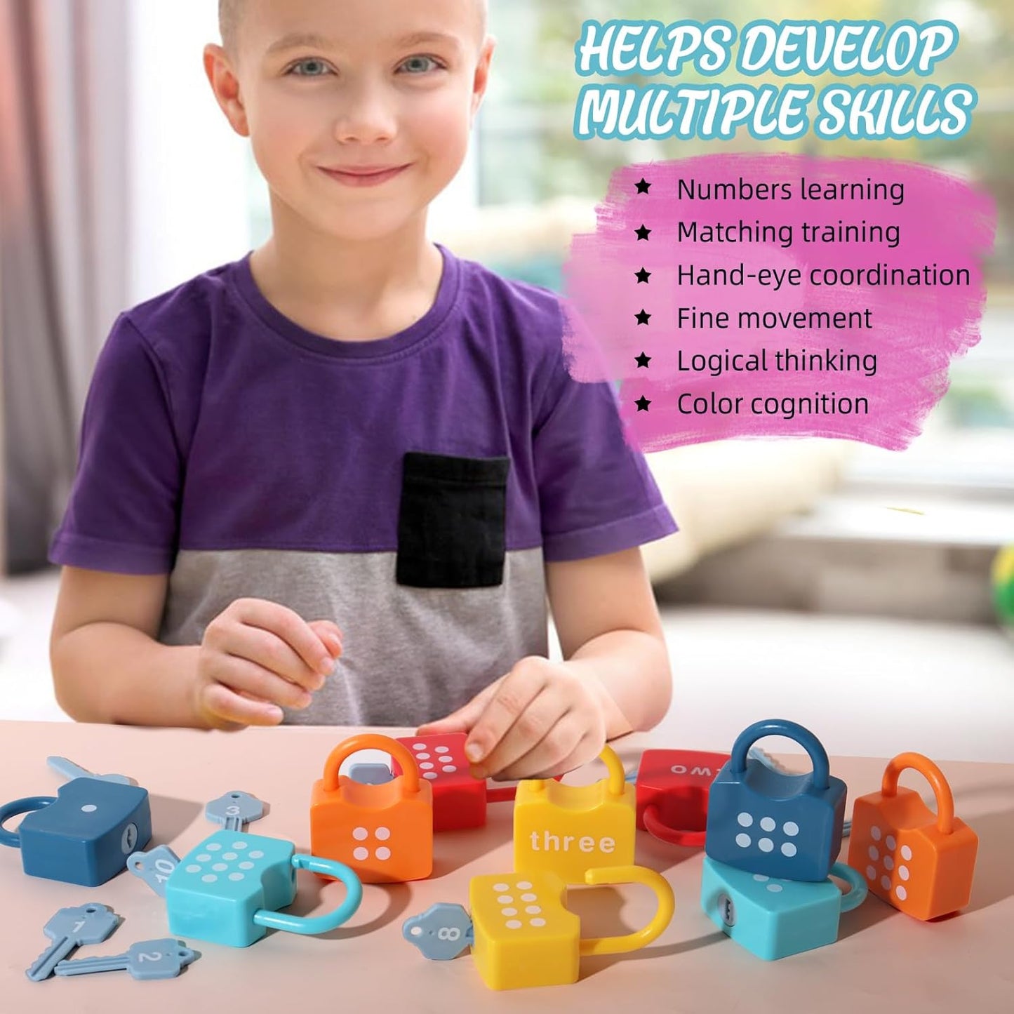 Dinhon Kids Learning Locks with Keys Numbers Matching & Counting Montessori Educational Toys for Ages 3 4 5 Boys and Girls Preschool Games Gifts