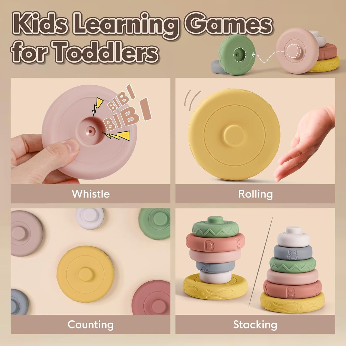 BOBXIN Baby Stacking & Nesting Rings Toy 4.7", 6pcs Soft Silicone Circle Building Stacker,Squeeze Play with Letter,Animal and Graphic,Toddler Sensory Learning Toys for Babies 6 Months+