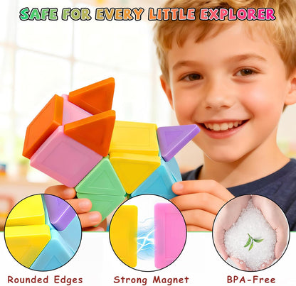 Mini Magnetic Tiles,42PCS Magnetic Building Blocks with Metal Storage Box,STEM Toys for Kids Ages 3+,Sensory Toys for Kids with Autism