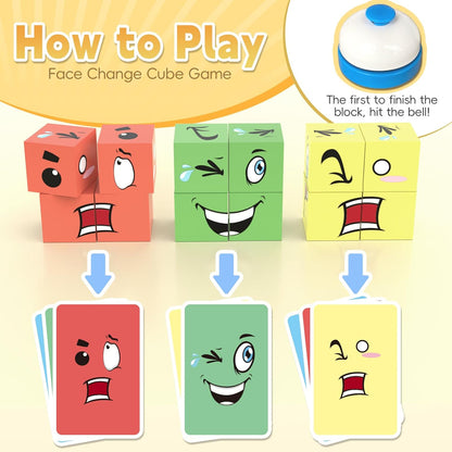Face Changing Magnetic Cube Game, Expression Puzzle Magnetic Building Blocks Pattern Matching Game, Educational Puzzles Toy, Magnet Cubes,Board Games for Kids and Adults with Bell,16 PCS Magnet Blocks