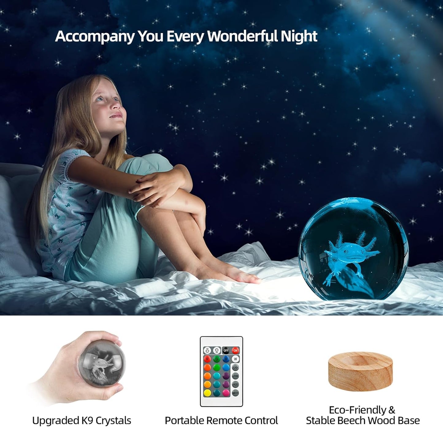3D Solar System Crystal Ball Night Light with 16 Color LED Wooden Base, Upgraded 3.15 Inch Galaxy Planets Glass Ball Lamps with Remote for Birthday Christmas, Astronomy Space Gifts for Boys Girls