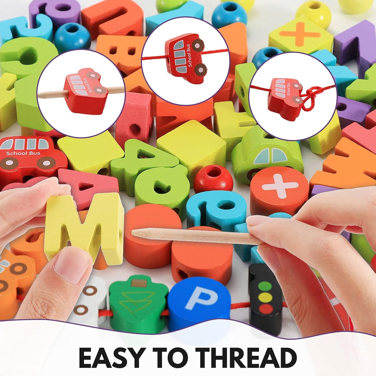 BMTOYS Montessori Educational Threading Toys Wooden Stringing Farm Animals Fruits Lacing Beads Preschool Toy for Toddler 3 4 5 Year Old Boys Girls
