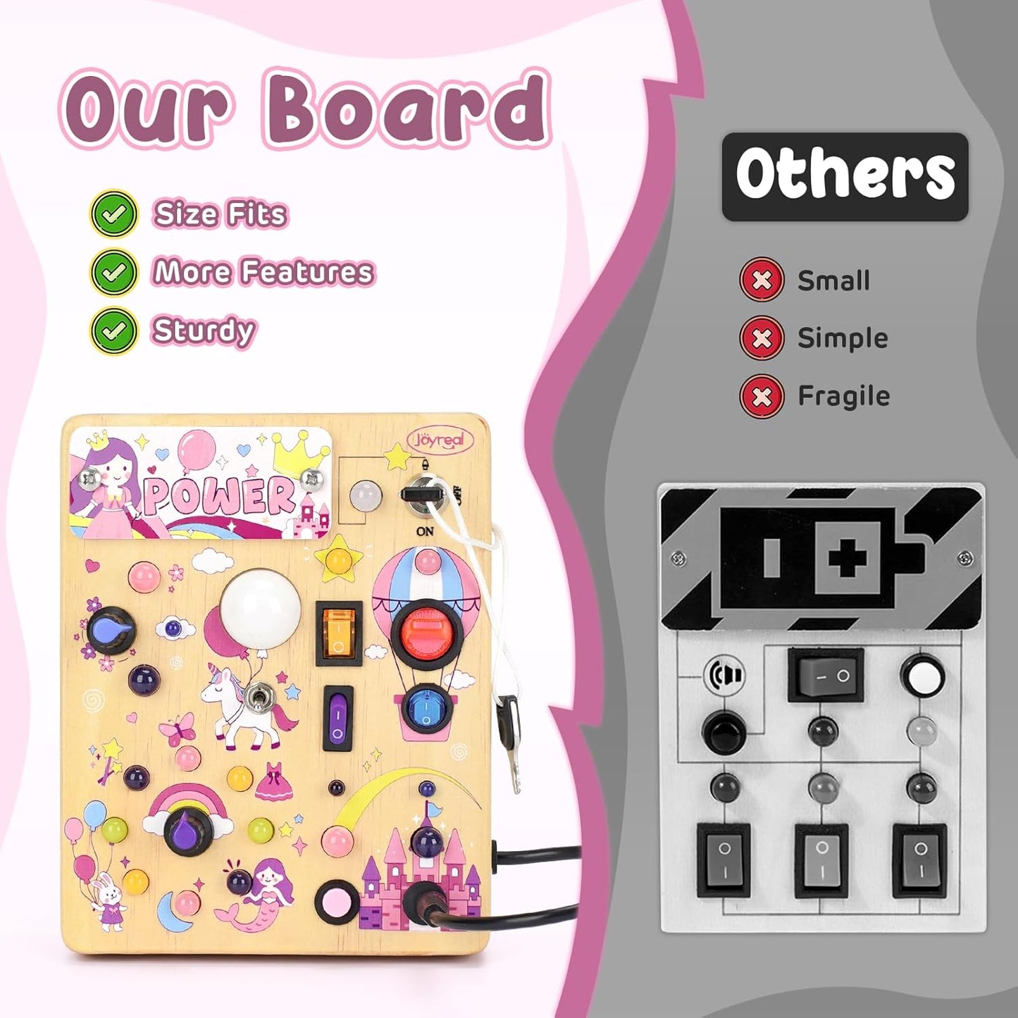 Joyreal Busy Board with 19 LED Lights and 10 Switches, Montessori Toys for 1 2 3 Year Old, Wooden Sensory Activity Board for Toddlers, Travel Toys for Toddler 1-3 Plane Car, Birthday Gifts for Girls
