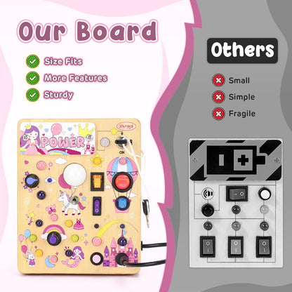 Joyreal Busy Board with 19 LED Lights and 10 Switches, Montessori Toys for 1 2 3 Year Old, Wooden Sensory Activity Board for Toddlers, Travel Toys for Toddler 1-3 Plane Car, Birthday Gifts for Girls