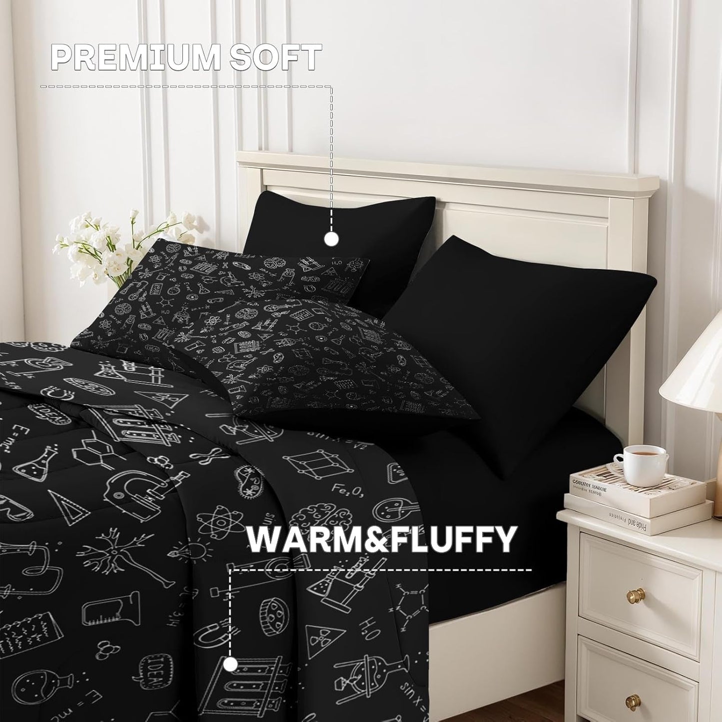 Nesker Comforter Set Twin Size, Science Lab School 5 Pcs Bedding for Kids and Adults, Medical University Chemistry Bed Sheet Sets with Fitted Sheet Pillowcase & Sham