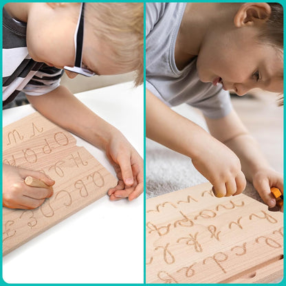 MotiMind 2 Pcs Wood Cursive Alphabet Number Tracing Board Montessori Letter Tracing Board Writing Tools Double Sided with Wooden Pen Letter Tracing Learn to Write for Boys Girls Preschool Classroom