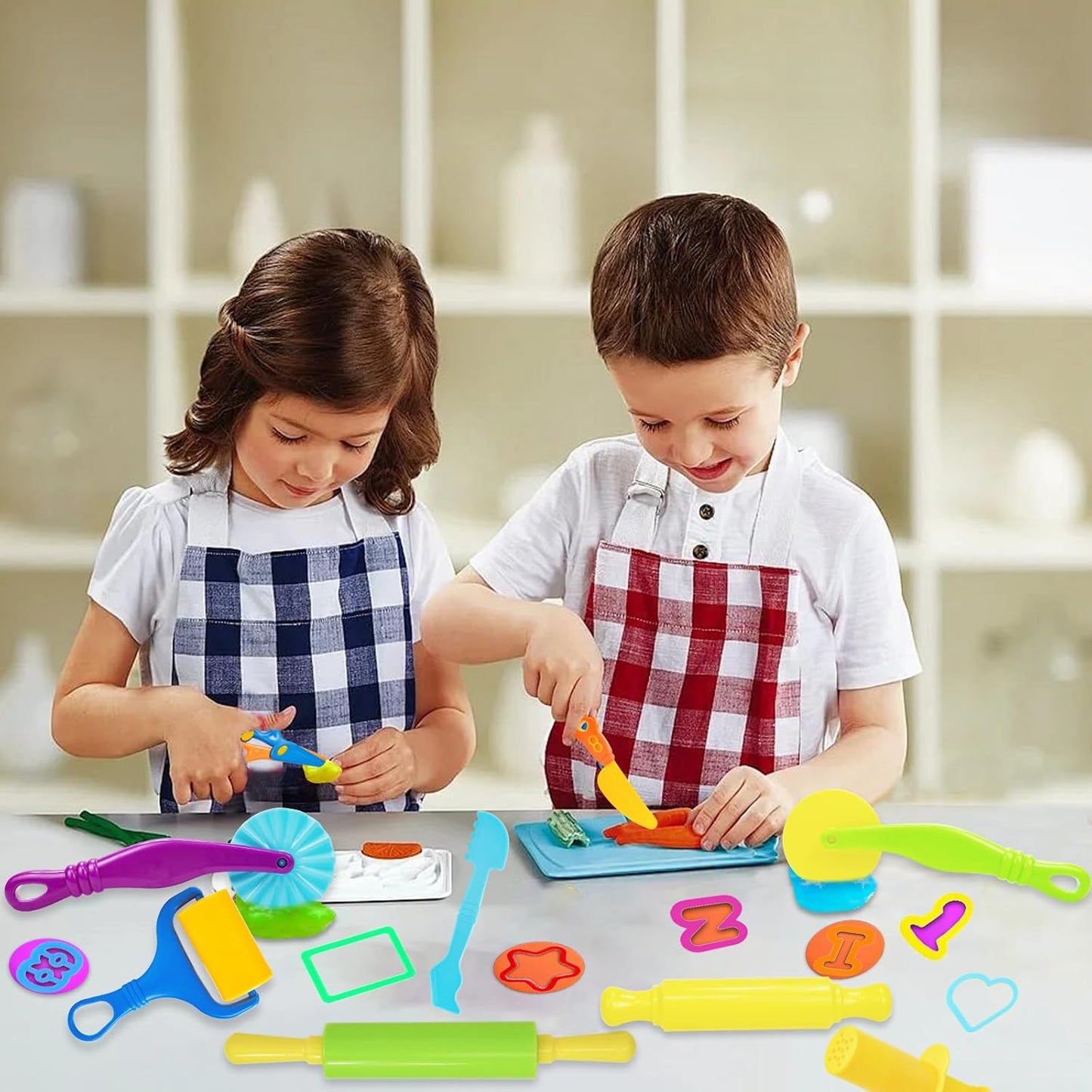 LCY WEDSHI Dough Tool Set, 9 Pcs Dough Tools Sets for Kids Ages 4-8, Dough Accessories Includes Cutters Roller, Rolling Pins, Safety Scissors, Plastic Knife, Plastic Rollers