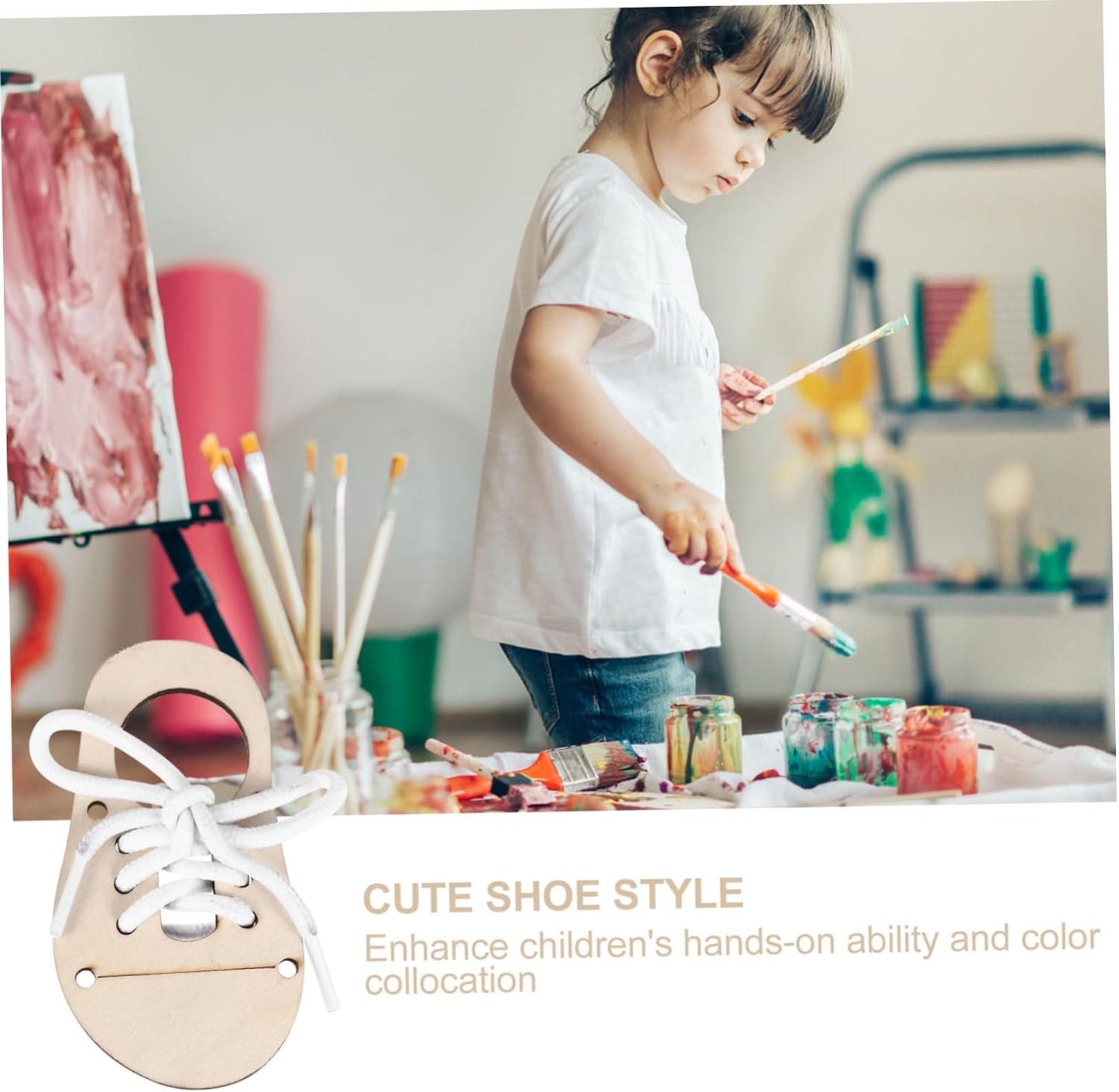 Veemoon 5sets DIY Practice Shoe Lacing Wood Chips Craft Toys for Boys and Girls Unfinished Wood Pendant Ornament Craft Decoration Funny Puzzle