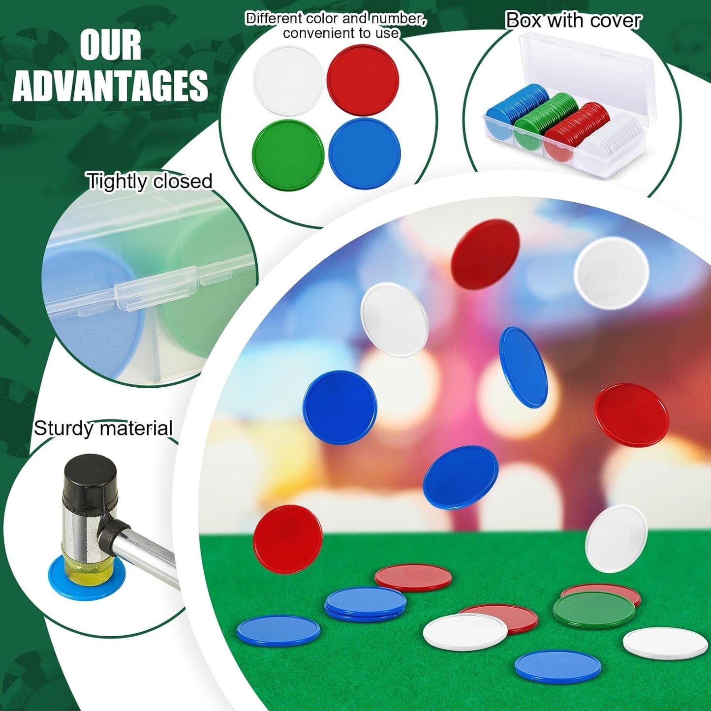Lewtemi Set of 300 Opaque 1.45 Inch Plastic Poker Chips Plastic Learning Counting Counters Poker Chips Tokens with Storage Box for Adults Casino Card Play Learning Math(Blue, Red, Green, White)