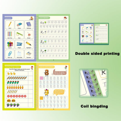 4 Pcs Reusable Grooved Handwriting Practice Books, Magic Practice Copybook with Disappearing Ink Pens Pencil Grips, Handwriting Workbook Letter Tracing Books for Kindergarten Preschool Kids Age 3-8
