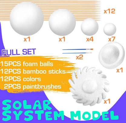 Solar System Model Foam Ball Kit, Planet Model Crafts Includes 14PCS Mixed-Sized Balls, 12 Color Pigments, 12PCS Long Sticks, 2PCS Painting Brushes for School Classroom DIY Projects, Science Projects