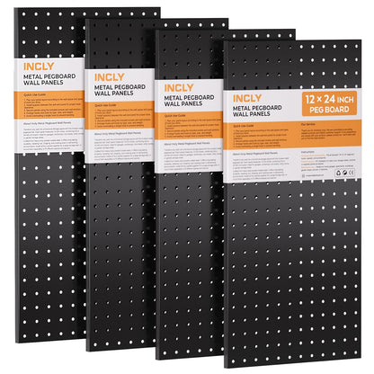 INCLY 70PCS Pegboard Wall Organizer, 4PCS Metal Peg Board Panels with 66PCS 1/4" Pegboard Hooks Accessories Kit, Black Peg Board for Walls Home, Garage Tool Storage, Workbench Organization