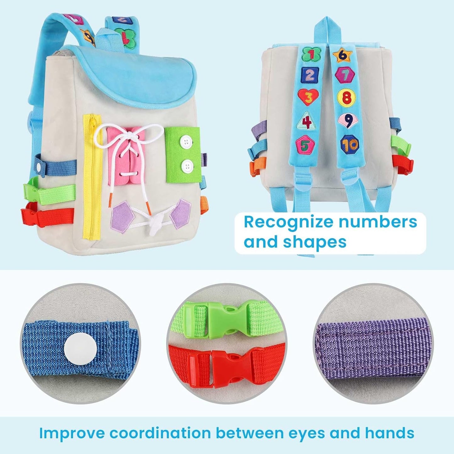 Busy Board - Toddler Backpack with Buckles and Learning Activity Toys - Develop Fine Motor Skills and Basic Life Skills - Learn to Tie Shoes - Children's Travel Toy