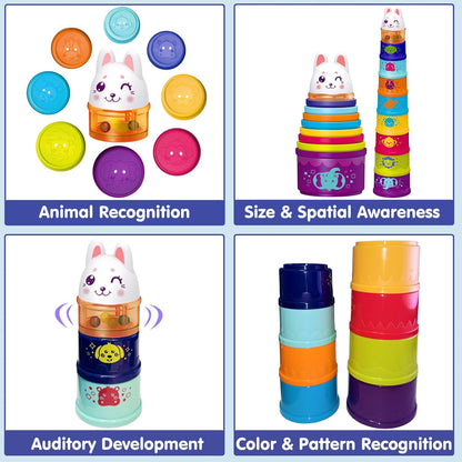 WEEJOYGAM Baby Stacking Cups, Nesting Stacking Toys for Toddlers 1-3 with Light and Sound, Montessori Toys for 1 Year Old Babies 6-12 12-18 Months Easter Gift Color Stack Bath Beach Blocks Rainbow Set
