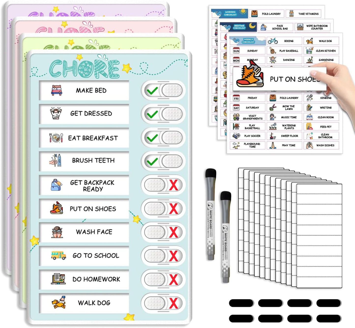 Dry Erase Kids Chore Chart for 2 Kids Pink and Blue - Magnetic Routine Chart with Slider Cute Design Stickers, Morning Bedtime Routine Chart for Toddlers Visual Schedule for Kid
