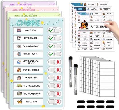 Dry Erase Kids Chore Chart for 2 Kids Pink and Blue - Magnetic Routine Chart with Slider Cute Design Stickers, Morning Bedtime Routine Chart for Toddlers Visual Schedule for Kid