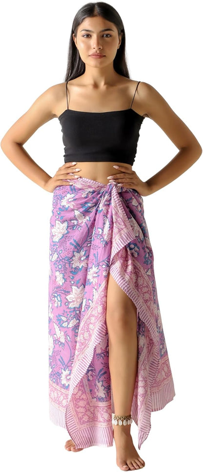 100% Cotton Sarong Cover Up for Women Indian Block Print Beach Wrap Skirt Long Boho Swimsuit Bikini Pareo (73” x 43”)