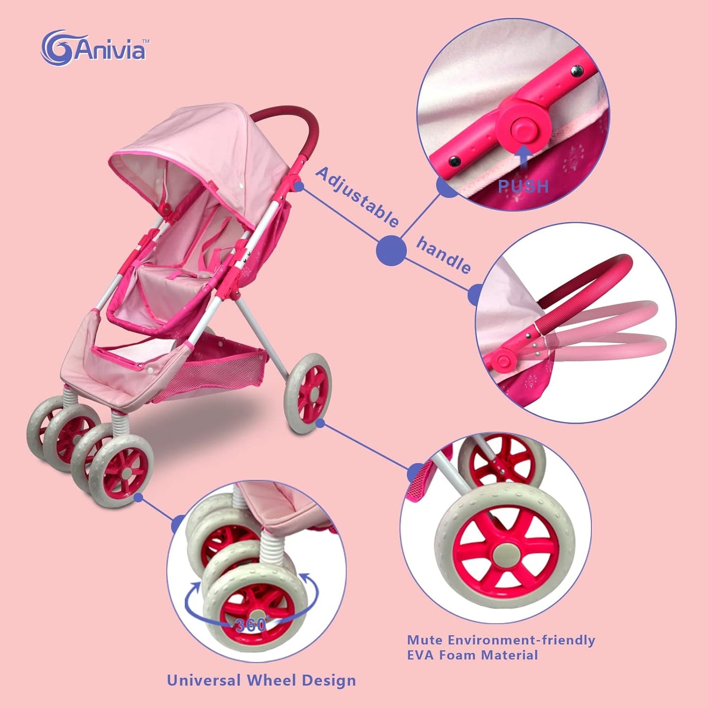 Anivia Stroller Toy Collection Doll Stroller Baby Doll Accessories for Toddlers 1-3Heart Design Gifts for Toddlers and Girls Toy Stroller