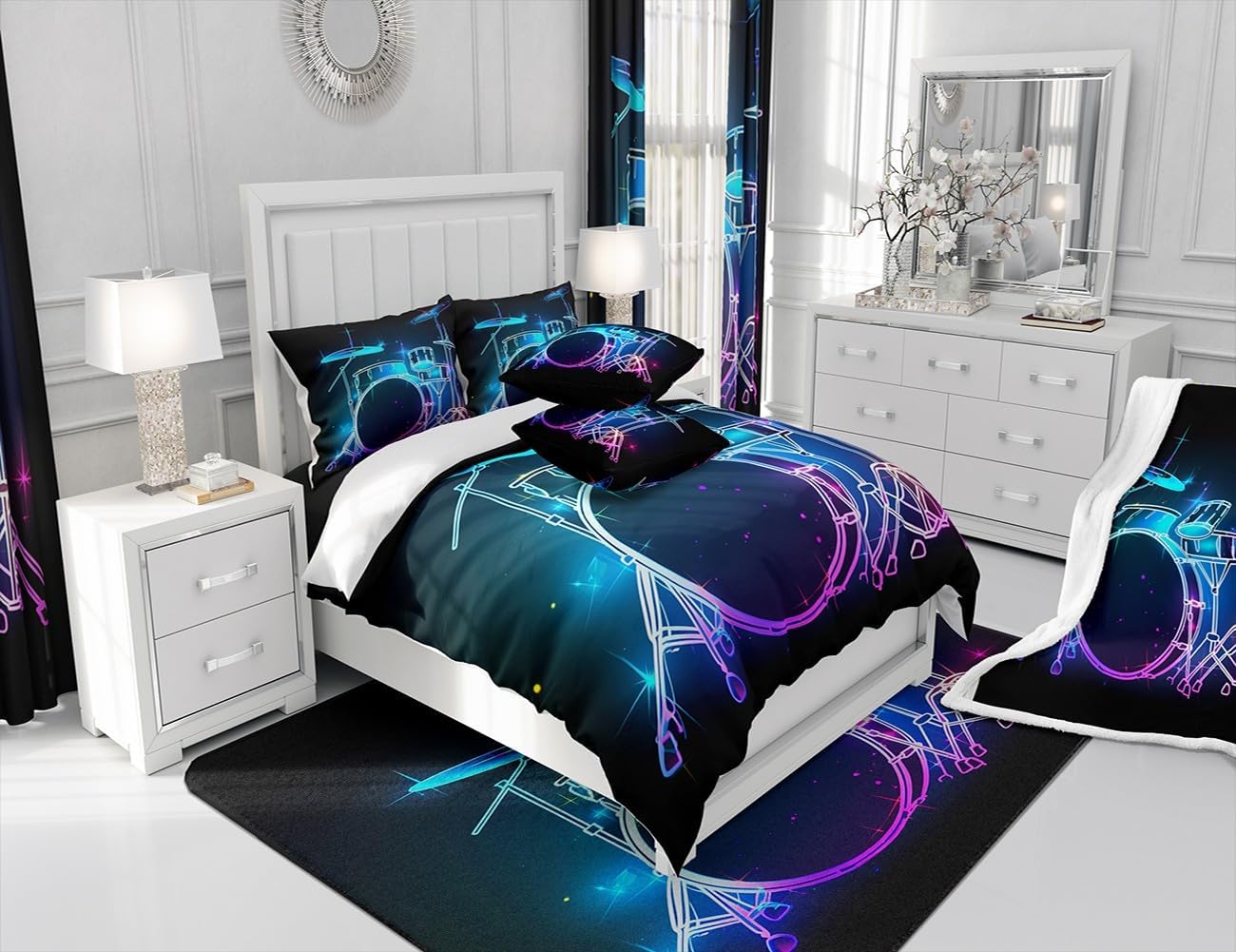 Drum Kit Duvet Cover,Kids Musical Instruments Bedding Set,Rock Music Comforter Cover for Boys Girls Room Decor,Neon Lighting Lightweight Bedspread Cover Twin Size with 1 Pillow Case(No Comforter)