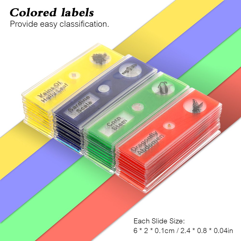 Prepared Microscope Slides for Kids, 48pcs Plastic Animals Insects Plants Flowers Sample Specimens for Students Children Homeschooling Biology Science Programs